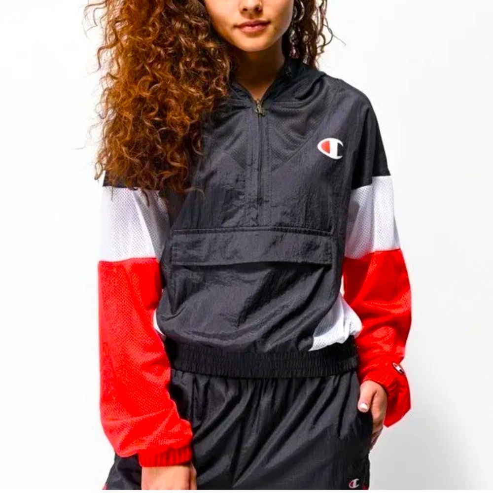 Vintage Y2K Champion Red White Navy Nylon Half-Zip Lightweight Jacket Sz M